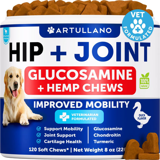 Artullano Hip & Joint Glucosamine + Hemp Soft Chews for Dogs, Duck Flavor, 120 Count