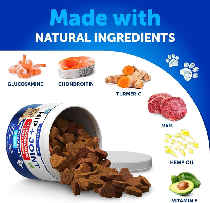 Artullano Hip & Joint Glucosamine + Hemp Soft Chews for Dogs, Duck Flavor, 120 Count