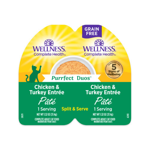 Wellness Purrfect Duos Chicken & Turkey Pâté — 2 × 1.32-oz servings per tray; sold as case of 12 trays (24 servings)