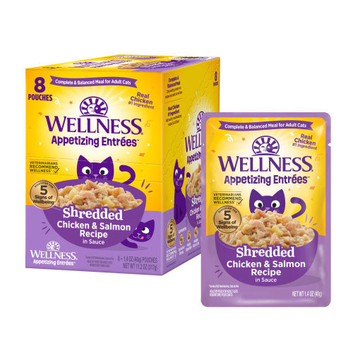 Wellness Appetizing Entrees  Shredded Chicken & Salmon Recipe in Sauce — 1.4-oz, case of 24; Case of 24 × 1.4-oz containers