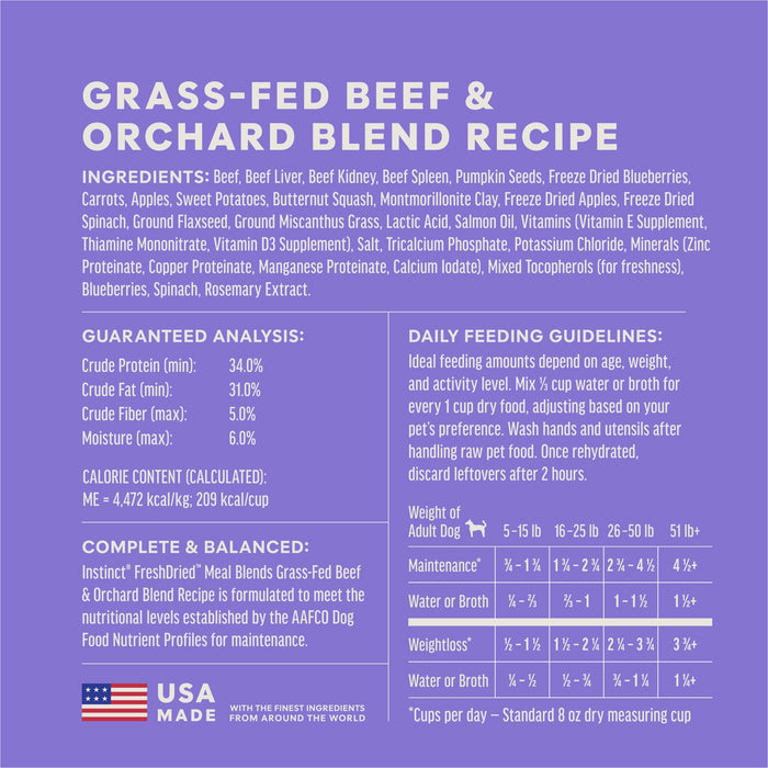 Instinct FreshDried Meal Blends Beef & Orchard Blend dog  product benefits and recipe information