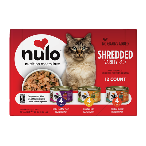 Nulo Shredded Variety Pack with Beef, Chicken & Turkey for Cats - 3 oz, 12-count variety pack - front package