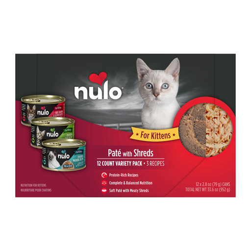 Nulo Paté with Shreds Kitten Variety Pack with Beef, Mackerel & Duck for Cats - 2.8 oz, 12-count variety pack - front package