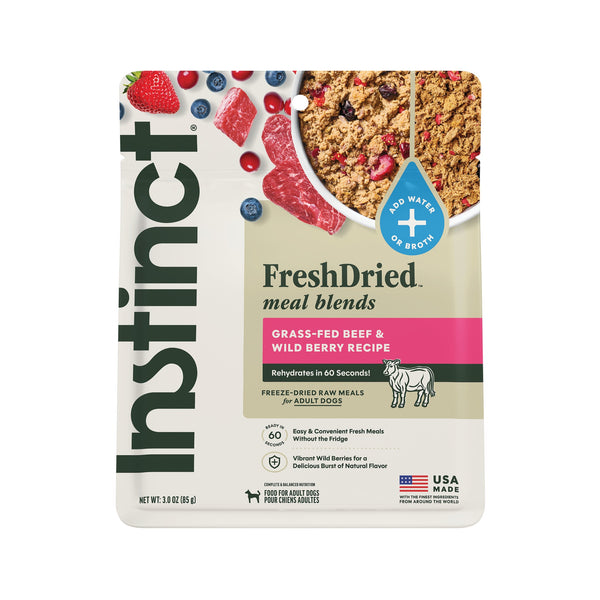 Instinct FreshDried Meal Blends Beef & Wild Berries Blend dog 3 oz. product benefits and recipe information