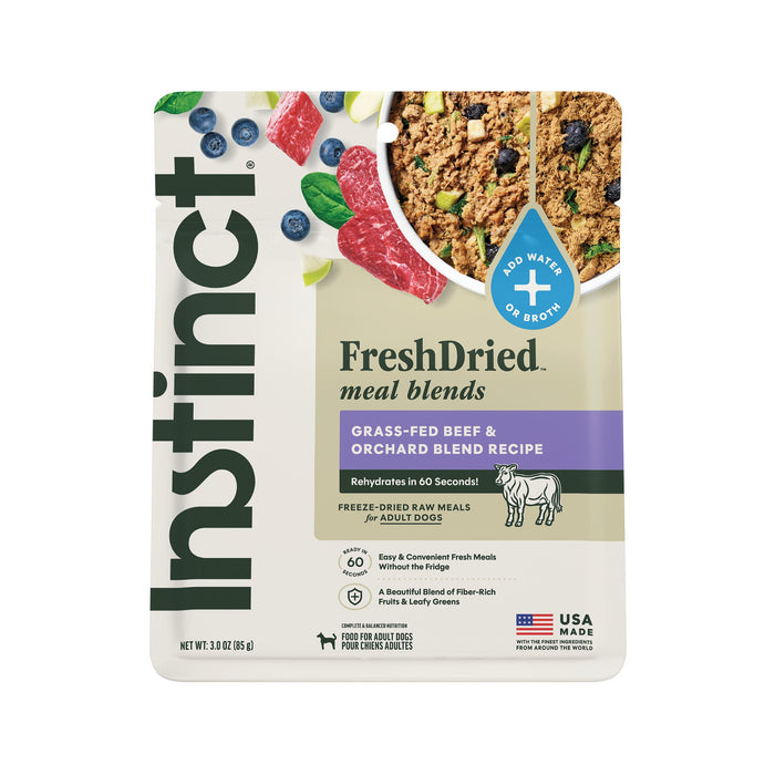 Instinct FreshDried Meal Blends Beef & Orchard Blend dog 3 oz. product benefits and recipe information