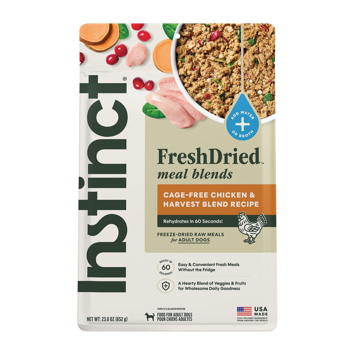 Instinct FreshDried Meal Blends Chicken & Harvest Blend dog 23 oz. product benefits and recipe information