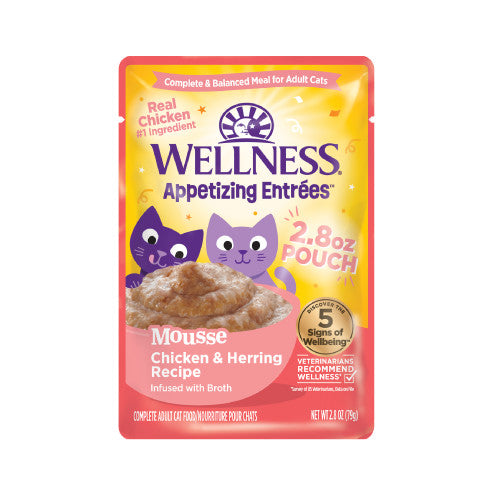 Wellness Appetizing Entrees Mousse Chicken & Herring Recipe Infused with Broth Wet Cat Food — Full Cases — Case of 32 × 2.8-oz containers; matching 2.8-oz pouch shown; sold as full case of 32