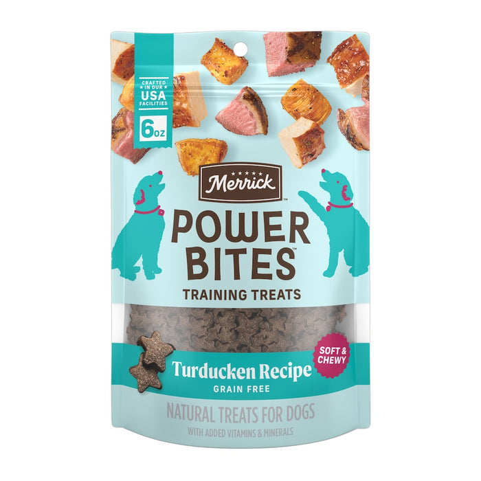 Merrick Power Bites Turducken Recipe Dog Treats — manufacturer recipe packaging