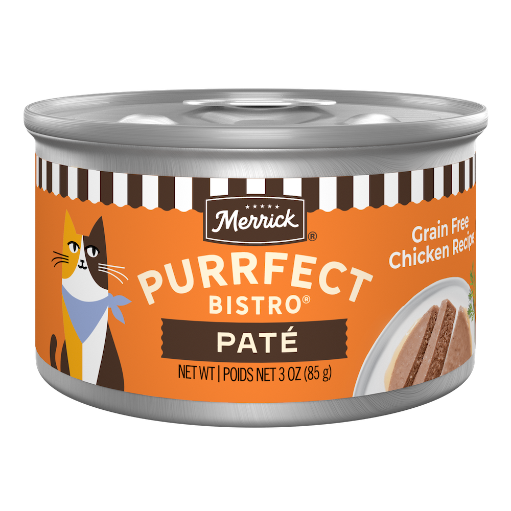 Merrick Purrfect Bistro Grain Free Chicken Pate High Protein Wet Cat Food — manufacturer recipe packaging; individual container shown, sold by the full case