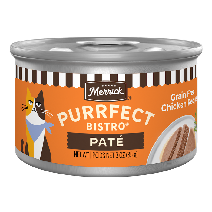 Merrick Purrfect Bistro Grain Free Chicken Pate High Protein Wet Cat Food — manufacturer recipe packaging; individual container shown, sold by the full case
