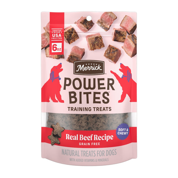 Merrick Power Bites Real Beef Recipe Dog Treats — manufacturer recipe packaging