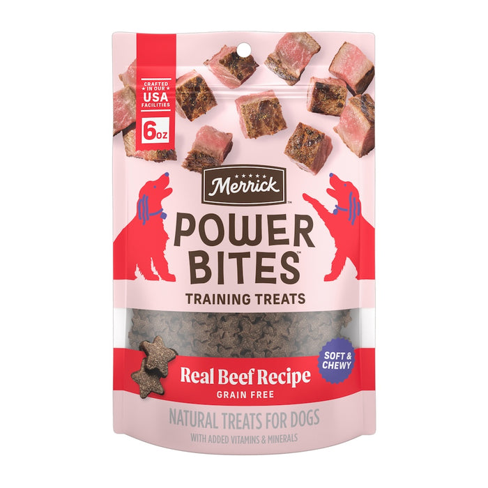 Merrick Power Bites Real Beef Recipe Dog Treats — manufacturer recipe packaging