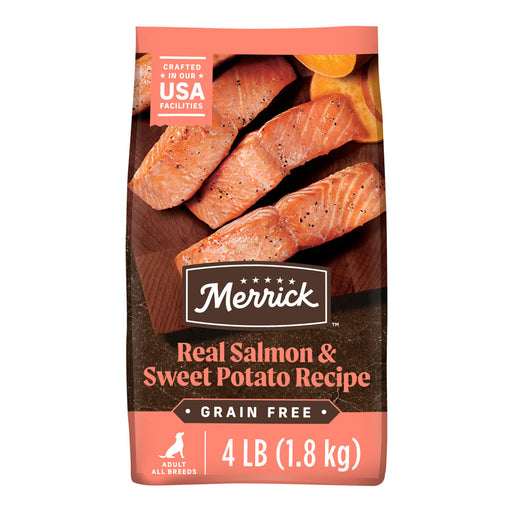 Merrick Grain Free Real Salmon & Sweet Potato Recipe Dry Dog Food — manufacturer recipe packaging