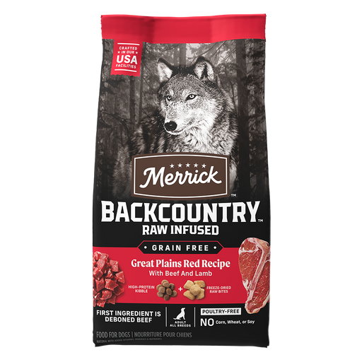 Merrick Backcountry Raw Infused Great Plains Red Recipe Grain Free Dry Dog Food — 4-lb bag — manufacturer recipe packaging