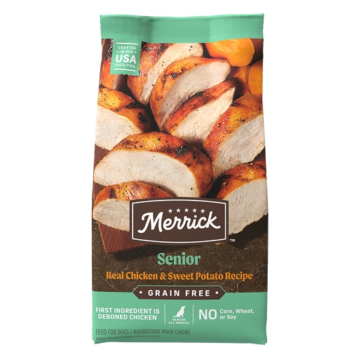 Merrick Grain Free Senior Real Chicken & Sweet Potato Recipe Dry Dog Food — manufacturer recipe packaging