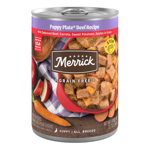 Merrick Grain Free Puppy Plate Beef Recipe In Gravy — manufacturer recipe packaging; individual container shown, sold by the full case