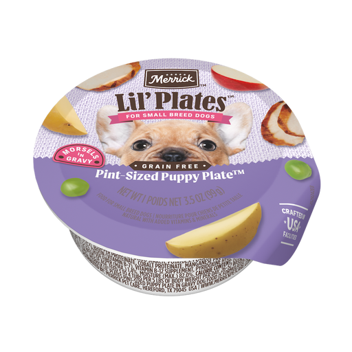 Merrick Lil’ Plates Grain Free Pint Sized Puppy Plate Recipe in Gravy — manufacturer recipe packaging; individual container shown, sold by the full case