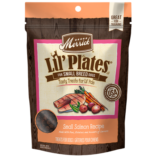 Merrick Lil' Plates Small Salmon Recipe Dog Treats — manufacturer recipe packaging