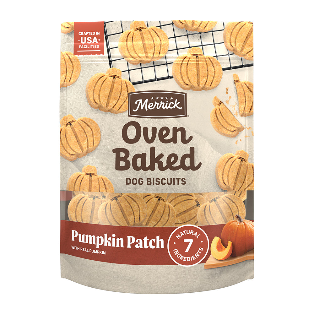 Merrick Oven Baked Pumpkin Patch With Real Pumpkin Dog Treats — manufacturer recipe packaging