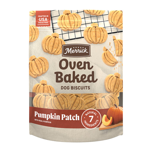 Merrick Oven Baked Pumpkin Patch With Real Pumpkin Dog Treats — manufacturer recipe packaging