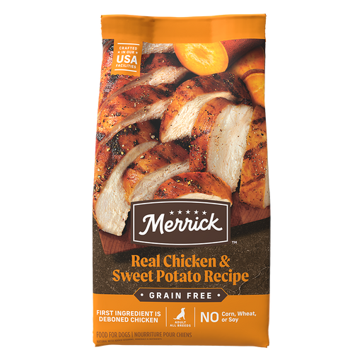 Merrick Grain Free Real Chicken & Sweet Potato Recipe Dry Dog Food — manufacturer recipe packaging