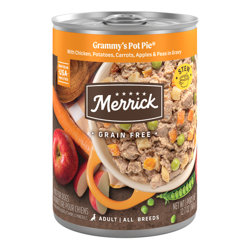 Merrick Grain Free Grammy's Pot Pie In Gravy — manufacturer recipe packaging; individual container shown, sold by the full case