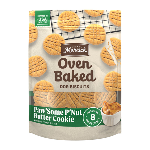 Merrick Oven Baked Paw’some P’nut Butter Cookie Dog Treats — manufacturer recipe packaging
