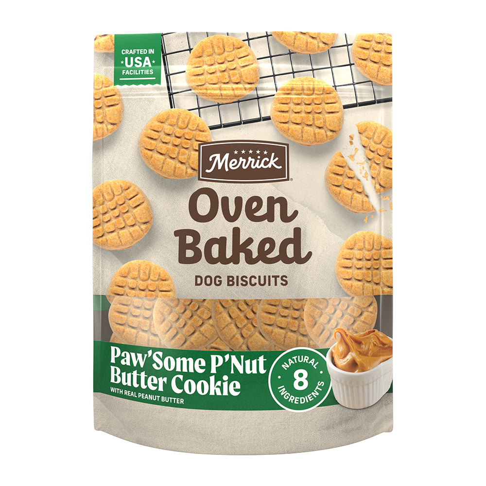 Merrick Oven Baked Paw’some P’nut Butter Cookie Dog Treats — manufacturer recipe packaging