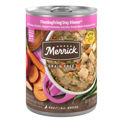 Merrick Grain Free Thanksgiving Day Dinner In Gravy — manufacturer recipe packaging; individual container shown, sold by the full case