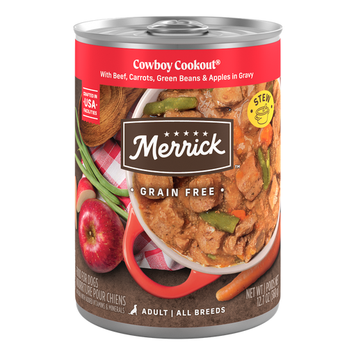 Merrick Grain Free Cowboy Cookout In Gravy — manufacturer recipe packaging; individual container shown, sold by the full case