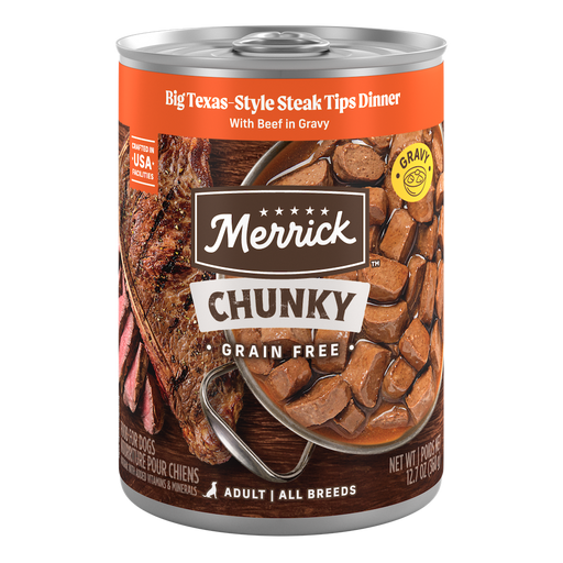 Merrick Chunky Grain Free Big Texas Steak Tips Dinner in Gravy — manufacturer recipe packaging; individual container shown, sold by the full case