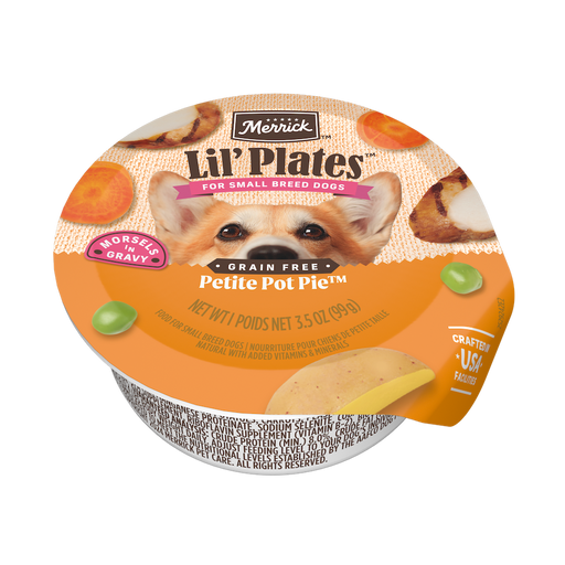 Merrick Lil' Plates Grain Free Petite Pot Pie — manufacturer recipe packaging; individual container shown, sold by the full case