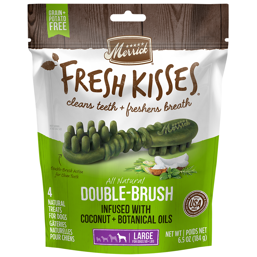 Merrick Fresh Kisses Infused With Coconut Oil + Botanical Oils - For Large Dogs (50+ Lbs) Dog Dental Chews — manufacturer recipe packaging