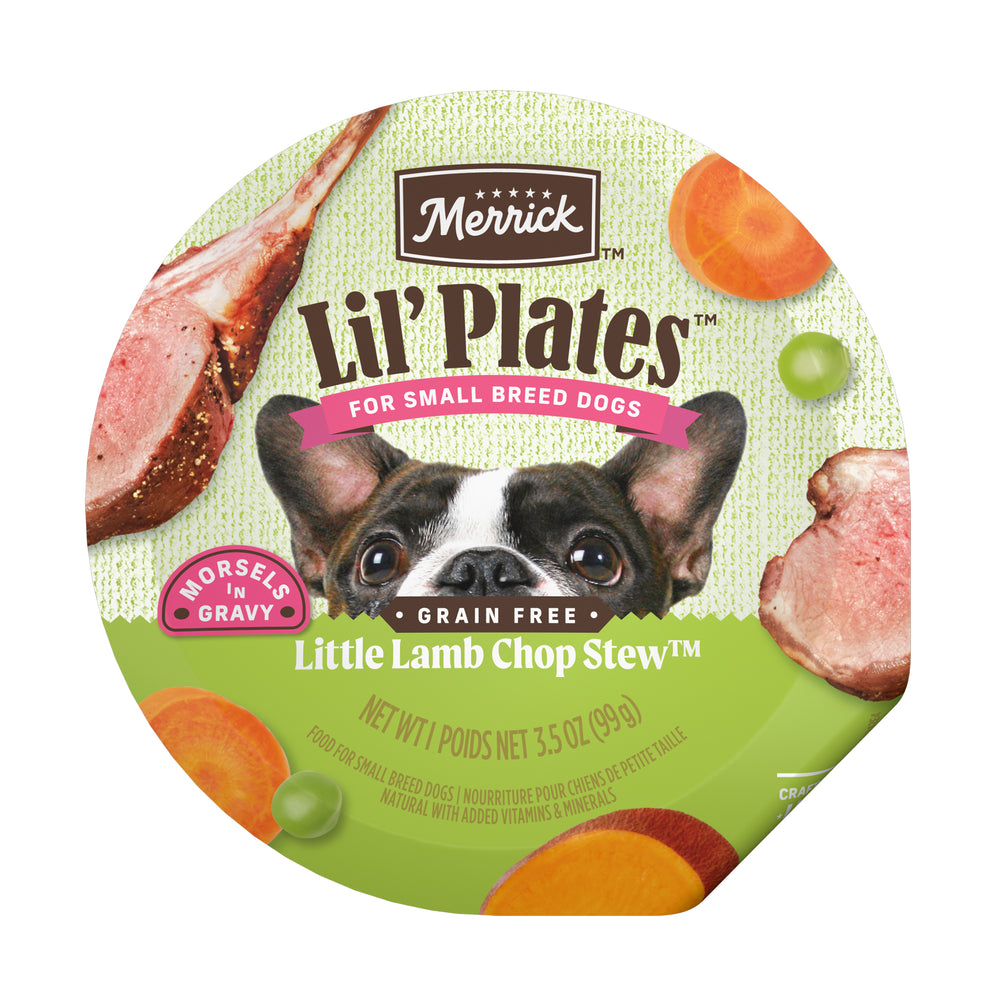 Merrick Lil’ Plates Little Lamb Chop Stew Wet Dog Food — manufacturer recipe packaging; individual container shown, sold by the full case
