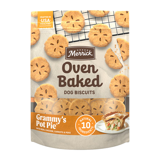 Merrick Oven Baked Grammy's Pot Pie With Real Chicken, Carrots, And Peas Dog Treats — manufacturer recipe packaging