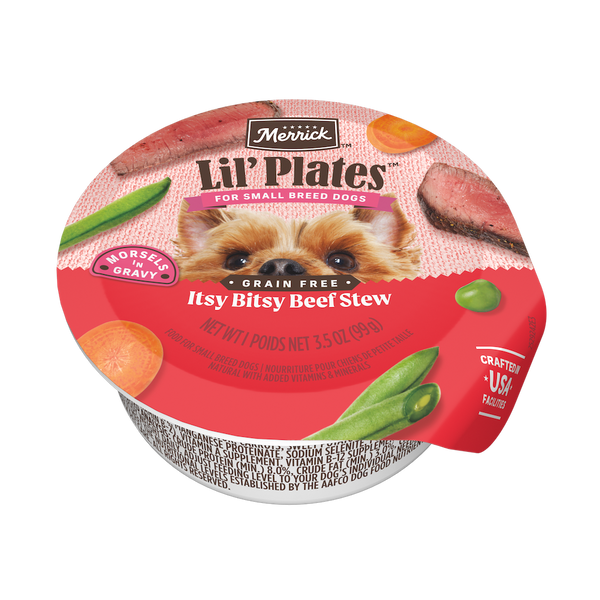 Merrick Lil’ Plates Itsy Bitsy Beef Stew Wet Dog Food — manufacturer recipe packaging; individual container shown, sold by the full case