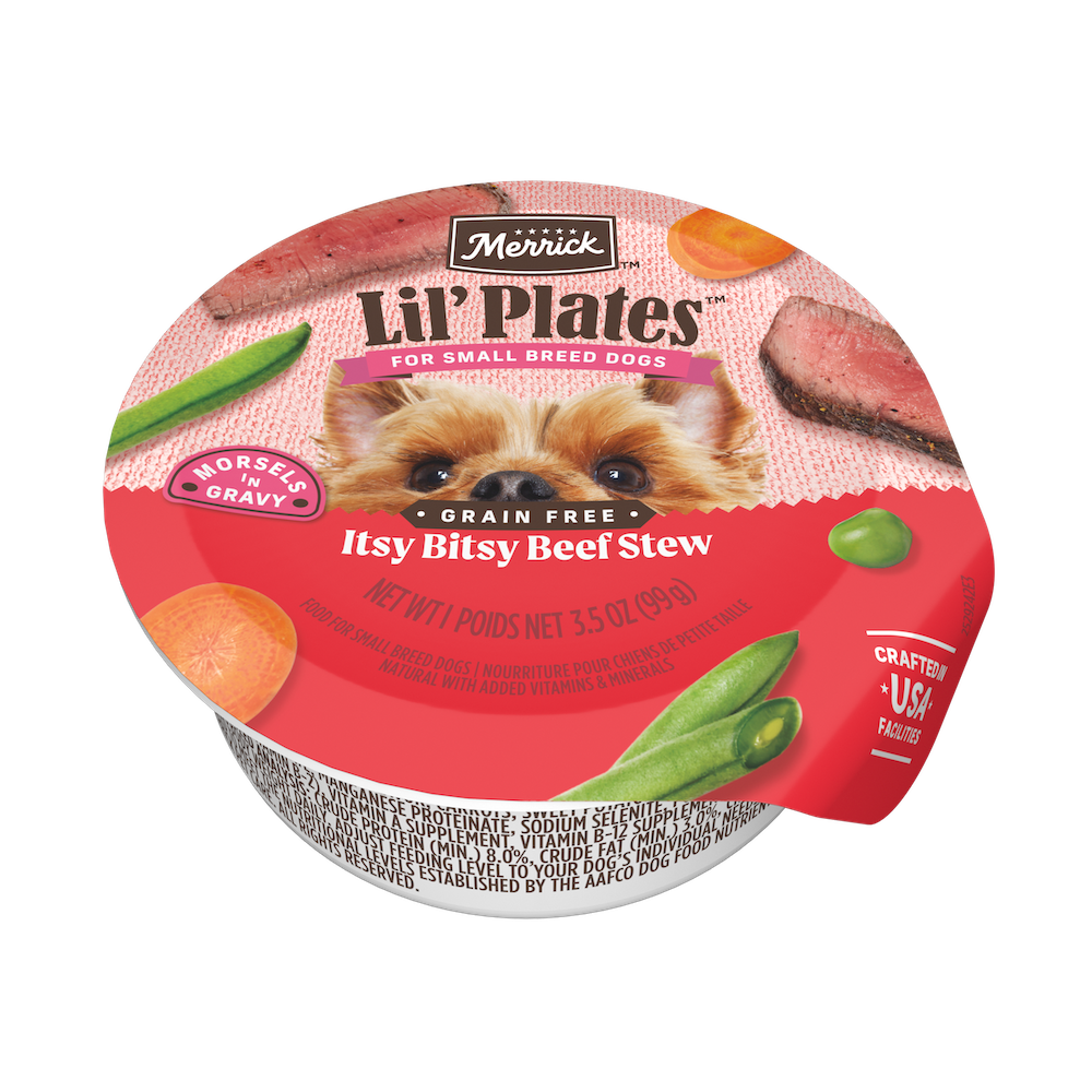 Merrick Lil’ Plates Itsy Bitsy Beef Stew Wet Dog Food — manufacturer recipe packaging; individual container shown, sold by the full case