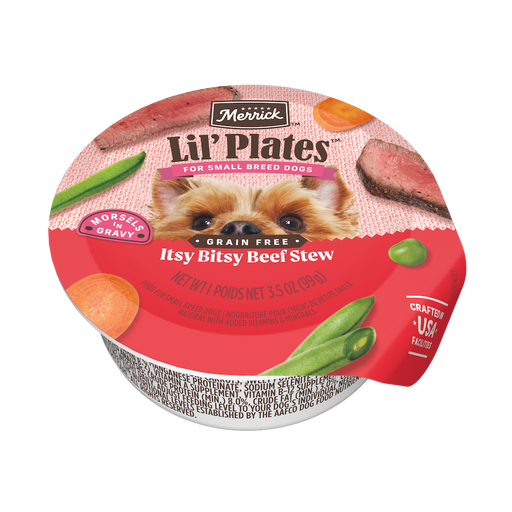 Merrick Lil’ Plates Itsy Bitsy Beef Stew Wet Dog Food — manufacturer recipe packaging; individual container shown, sold by the full case