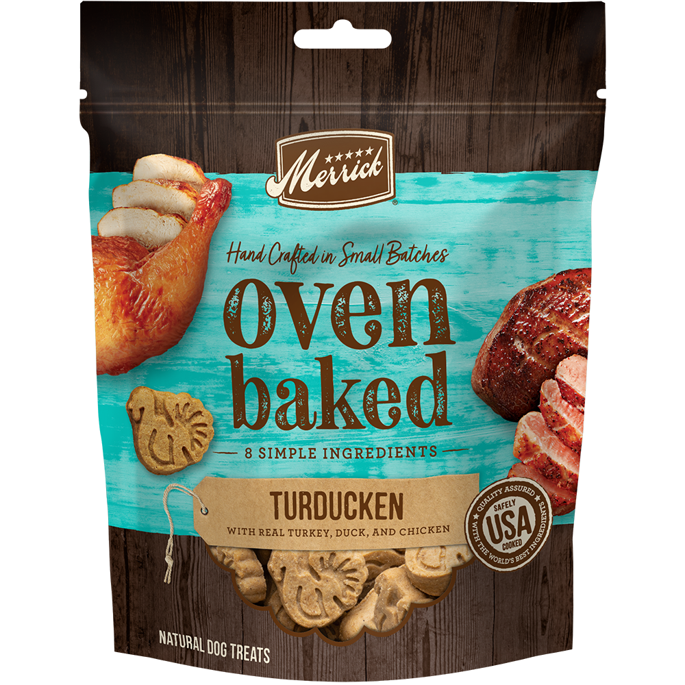 Merrick Oven Baked Turducken With Real Turkey, Duck And Chicken Dog Treats — manufacturer recipe packaging