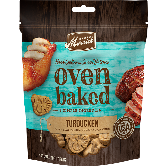 Merrick Oven Baked Turducken With Real Turkey, Duck And Chicken Dog Treats — manufacturer recipe packaging