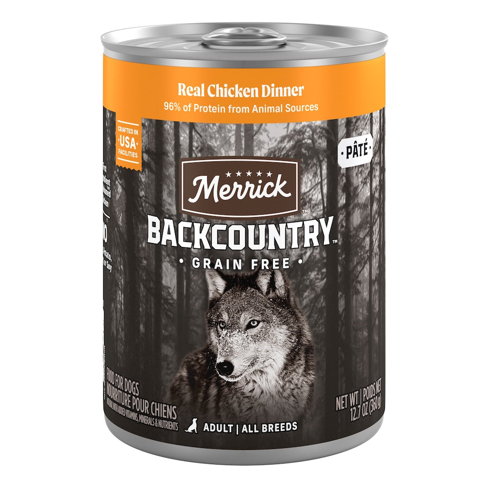 Merrick Backcountry Real Chicken Dinner Wet Dog Food — manufacturer recipe packaging; individual container shown, sold by the full case