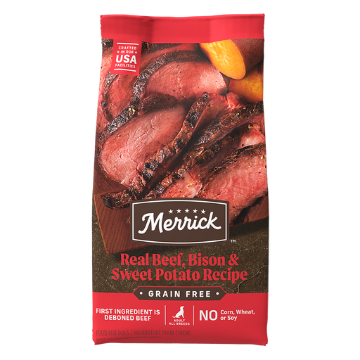 Merrick Grain Free Real Beef, Bison & Sweet Potato Recipe Dry Dog Food — manufacturer recipe packaging