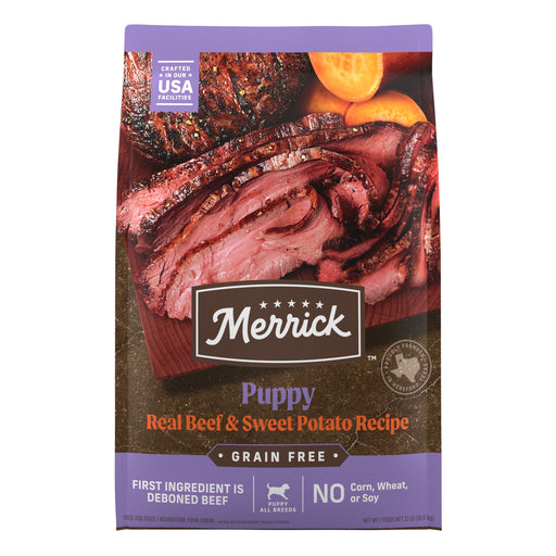 Merrick Grain Free Puppy Real Beef & Sweet Potato Recipe Dry Dog Food — manufacturer recipe packaging