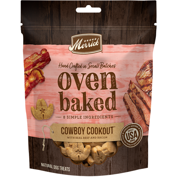 Merrick Oven Baked Cowboy Cookout With Real Beef And Bacon Dog Treats — manufacturer recipe packaging