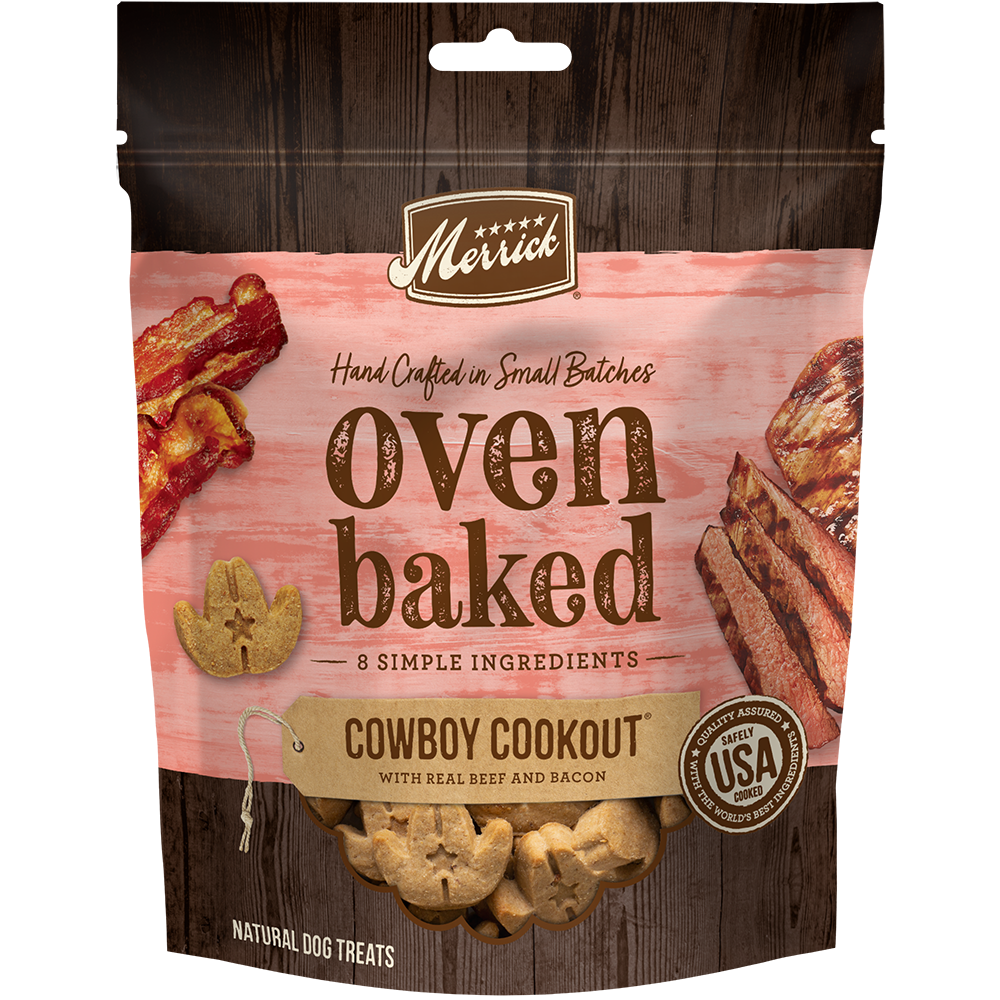 Merrick Oven Baked Cowboy Cookout With Real Beef And Bacon Dog Treats — manufacturer recipe packaging