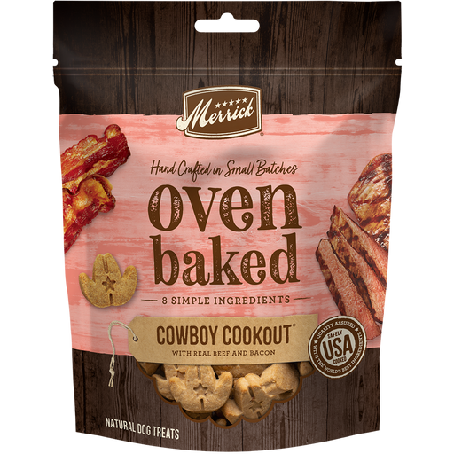 Merrick Oven Baked Cowboy Cookout With Real Beef And Bacon Dog Treats — manufacturer recipe packaging