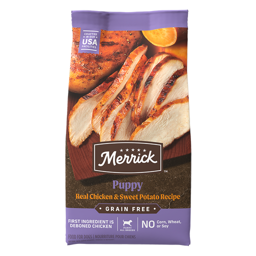 Merrick Grain Free Puppy Real Chicken & Sweet Potato Recipe Dry Dog Food — manufacturer recipe packaging