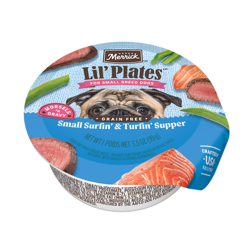 Merrick Lil' Plates Small Surfin' + Turfin' Supper in Gravy — manufacturer recipe packaging; individual container shown, sold by the full case