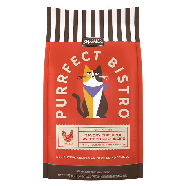 Merrick Purrfect Bistro Grain Free Chicken & Sweet Potato Dry Cat Food — manufacturer recipe packaging