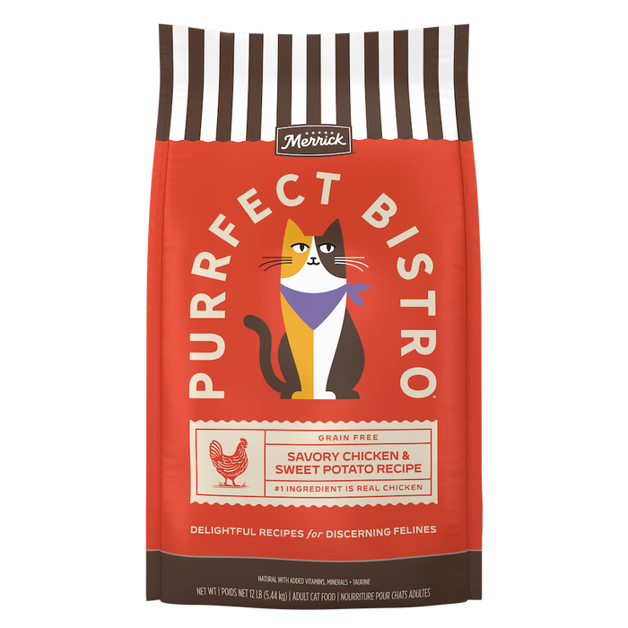 Merrick Purrfect Bistro Grain Free Chicken & Sweet Potato Dry Cat Food — manufacturer recipe packaging